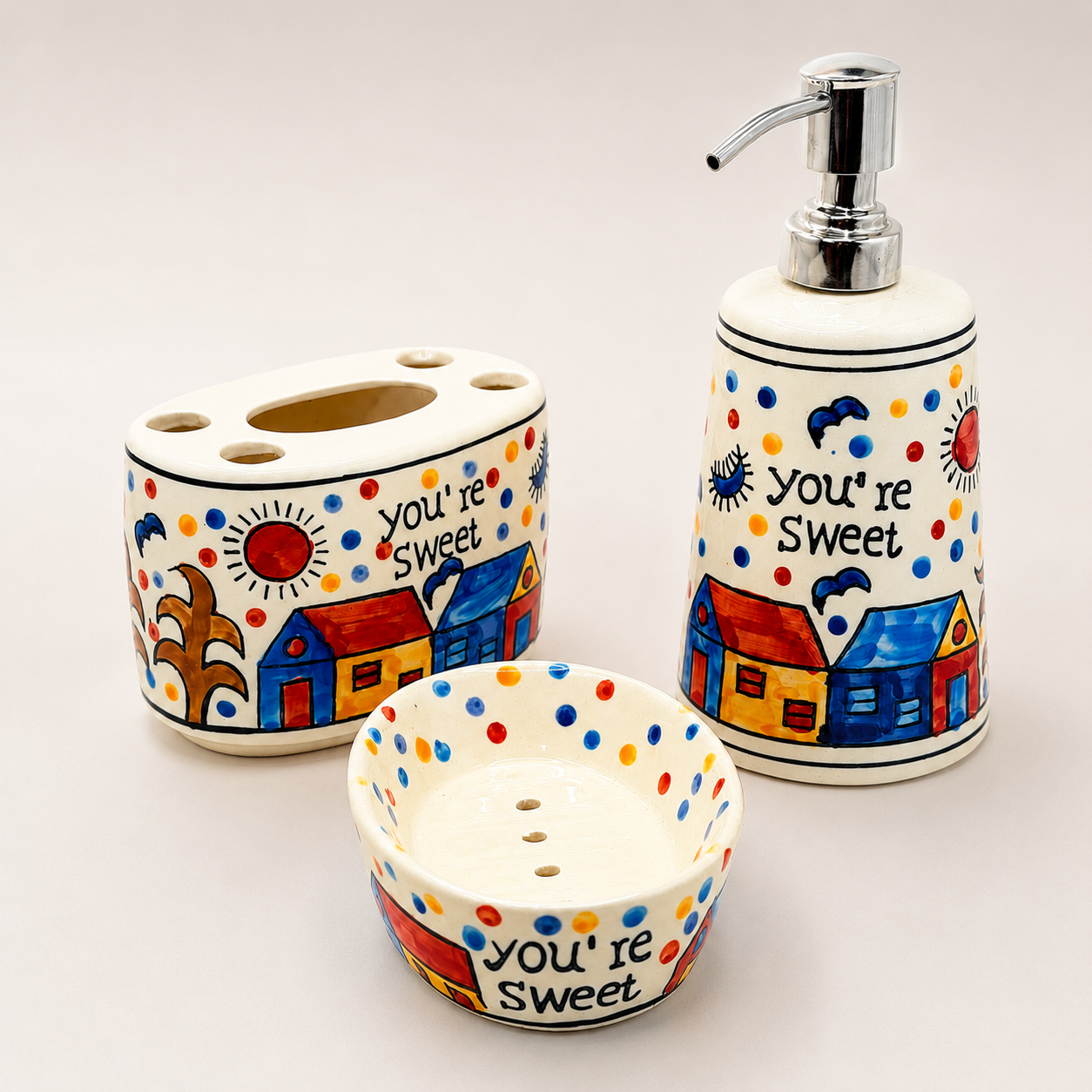 You’re Sweet Ceramic Bathroom Set | 3 Piece Cute Bathroom Accessories with Soap Dispenser