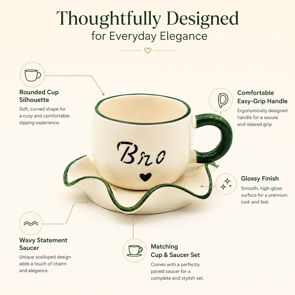 Bro Ceramic Cup & Saucer Set with Green Rim | Unique Coffee & Tea Gift for Him