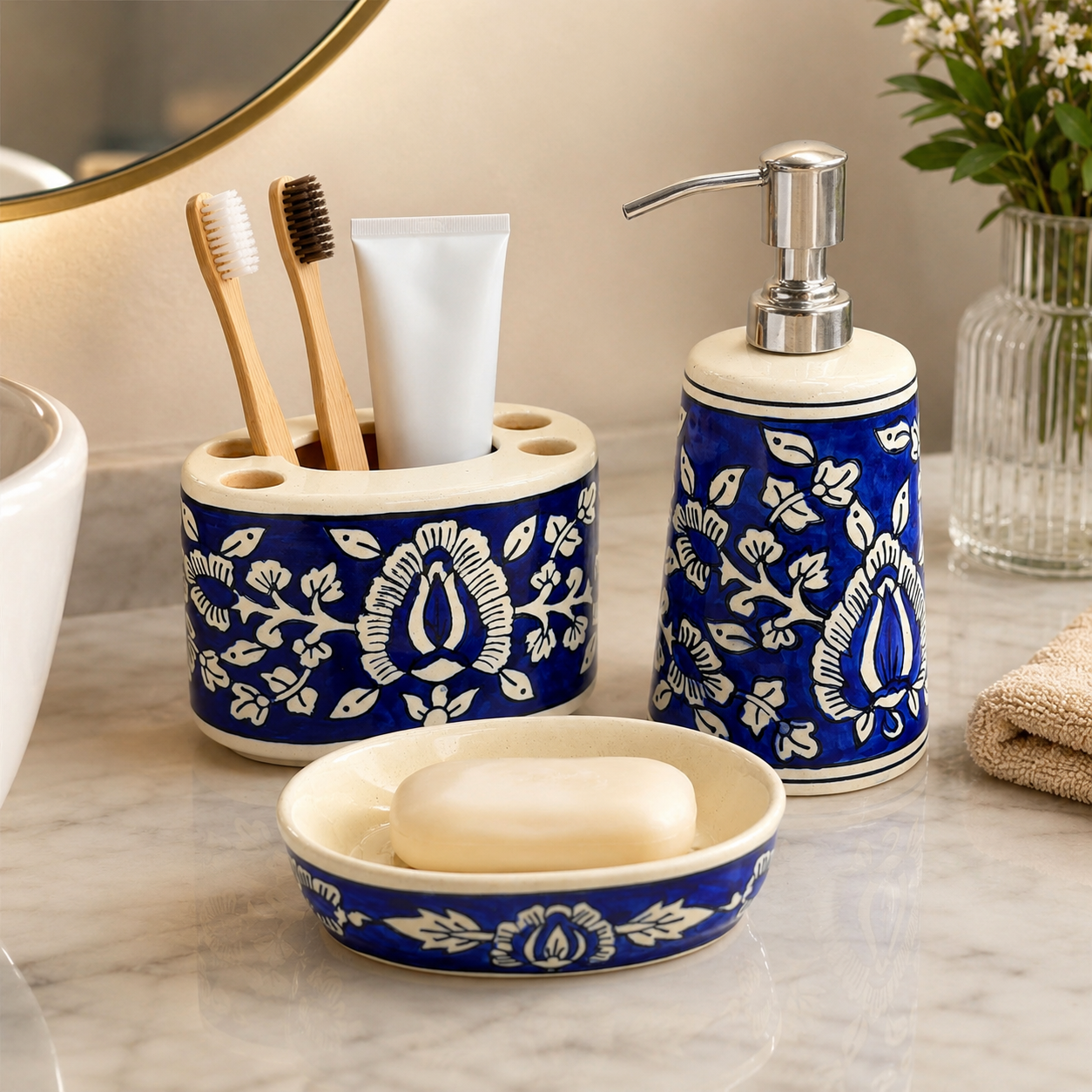 Blue Floral Ceramic Bathroom Accessory Set | 3 Piece Soap Dispenser, Brush Holder & Soap Case