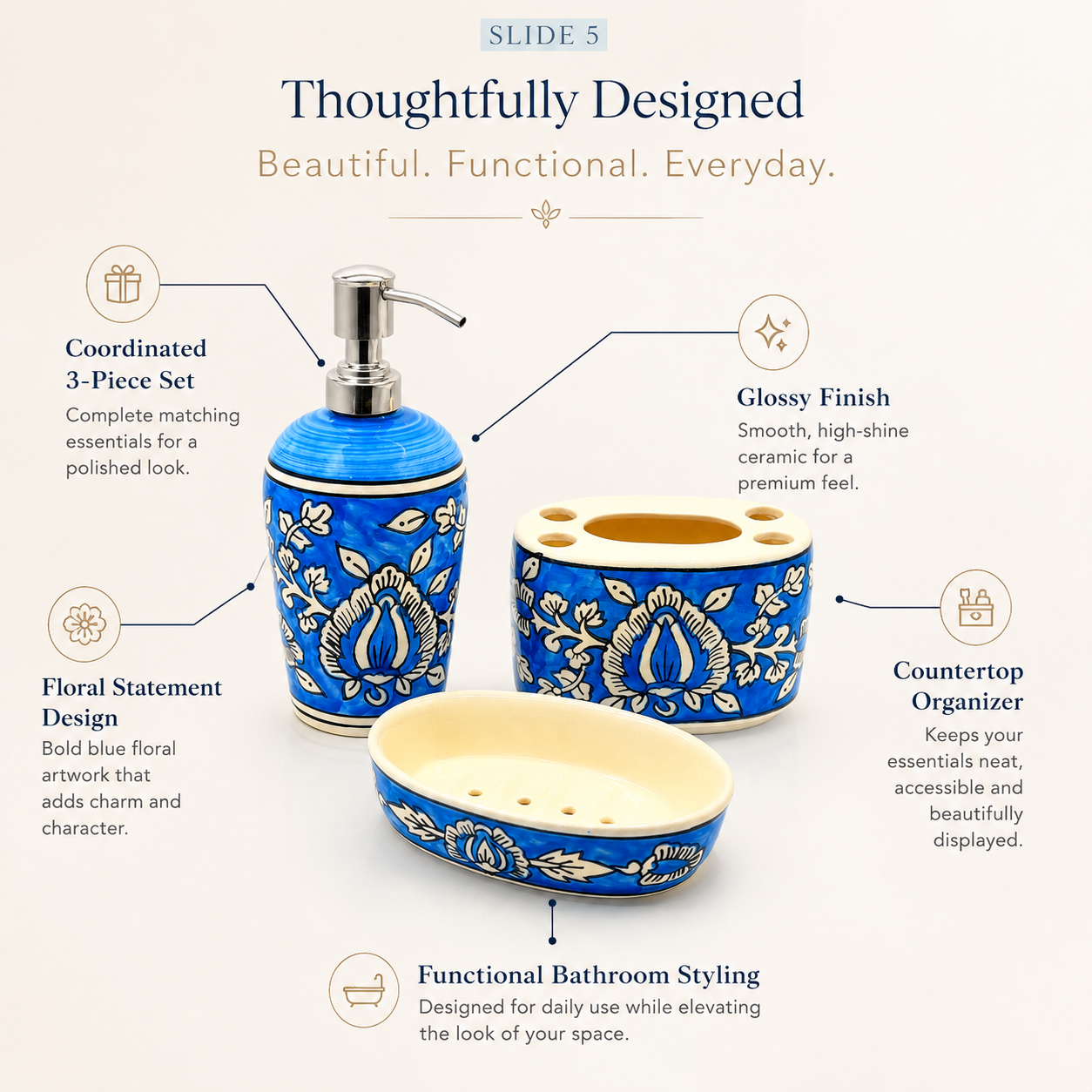 Blue Ceramic Bathroom Set | 3 Piece Bathroom Organizer Set with Dispenser