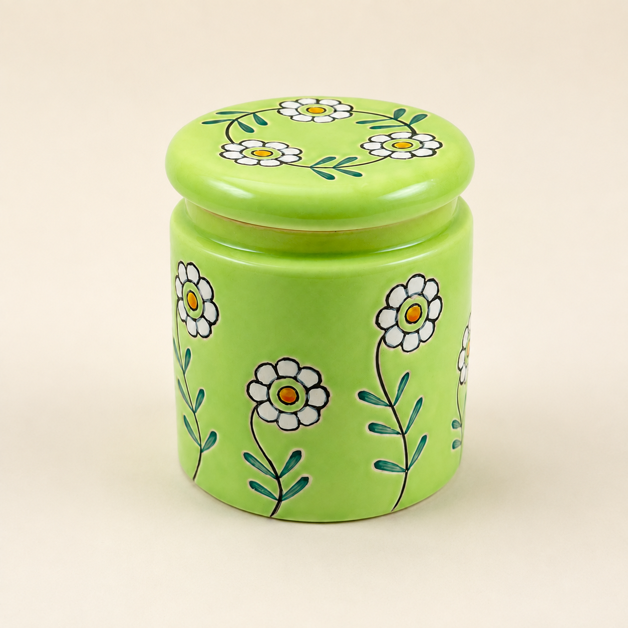 Green Floral Ceramic Storage Jar with Lid | Decorative Kitchen Container for Tea, Coffee, Sugar & Dry Snacks
