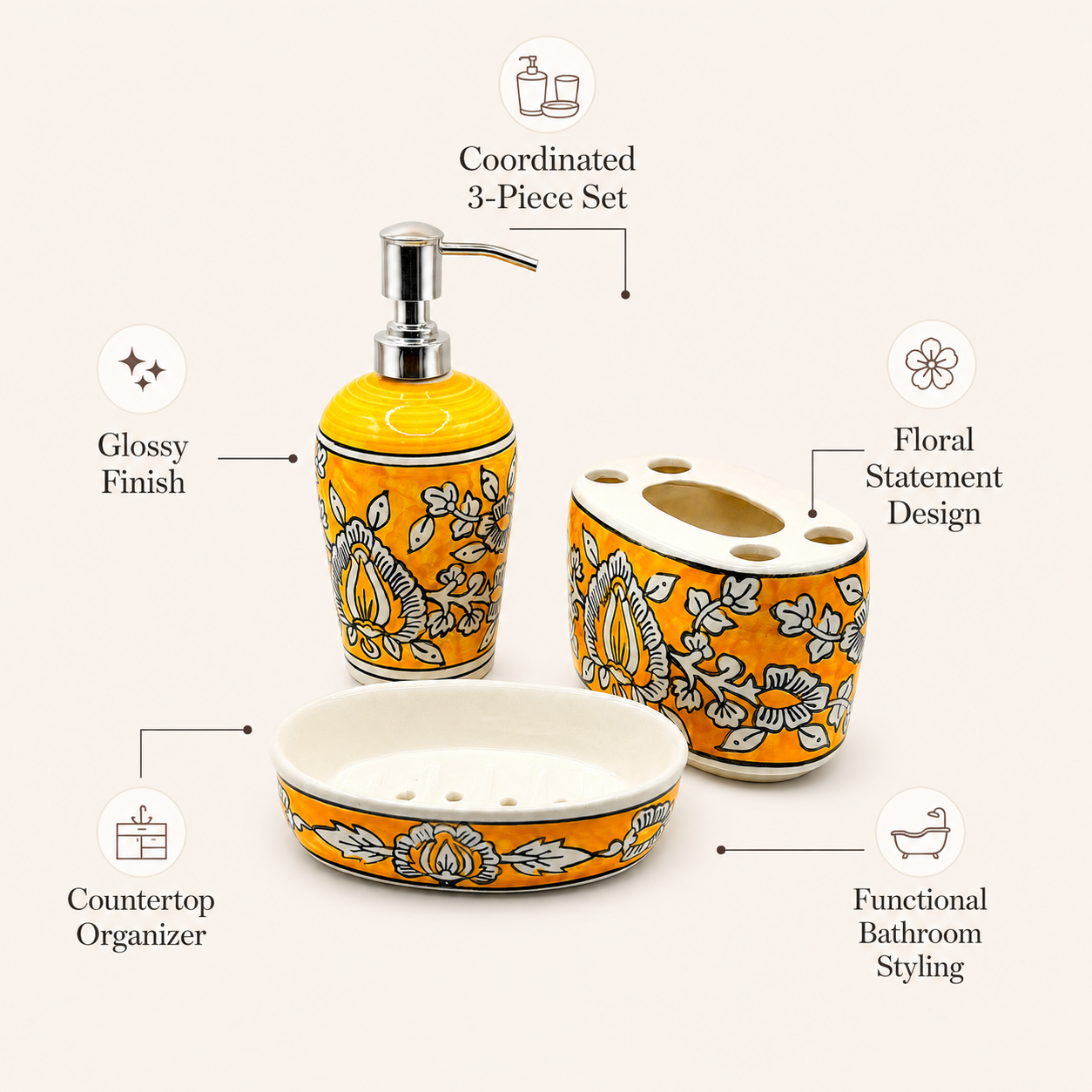 Yellow Ceramic Bathroom Set with Soap Dispenser | 3 Piece Floral Bath Accessory Set