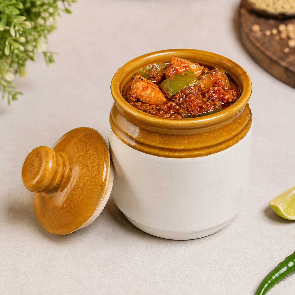 Ceramic Storage Jars with Lids Set of 2 | Mustard & White Kitchen Jars for Tea, Coffee, Sugar & Spices