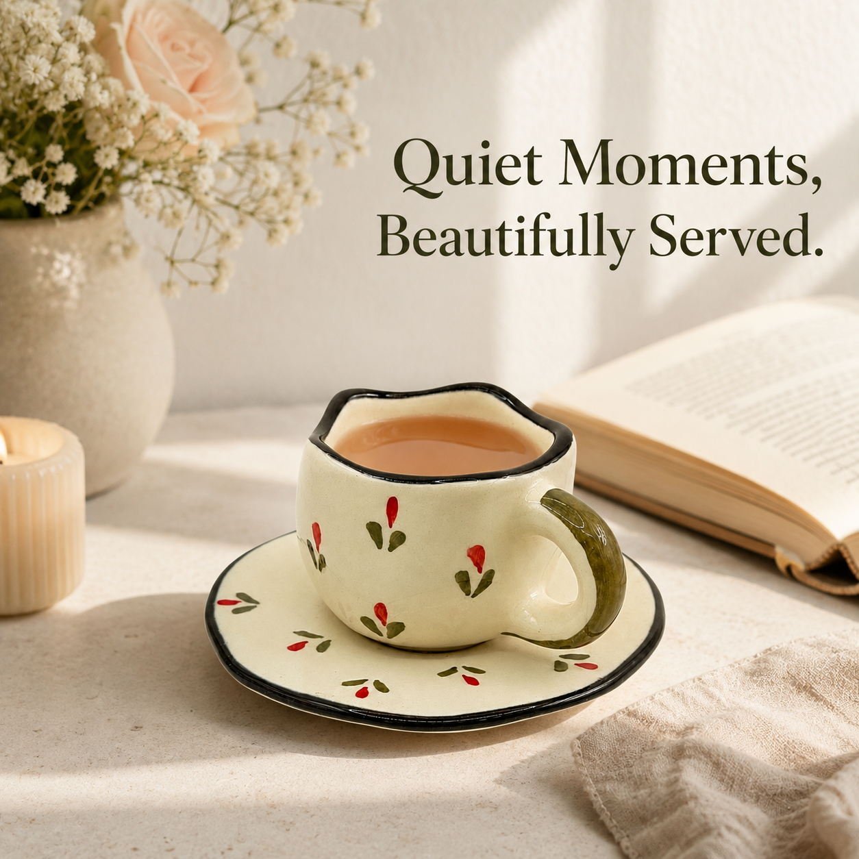 Artistic Black Rim Floral Ceramic Cup & Saucer Set | Premium Tea Coffee Set