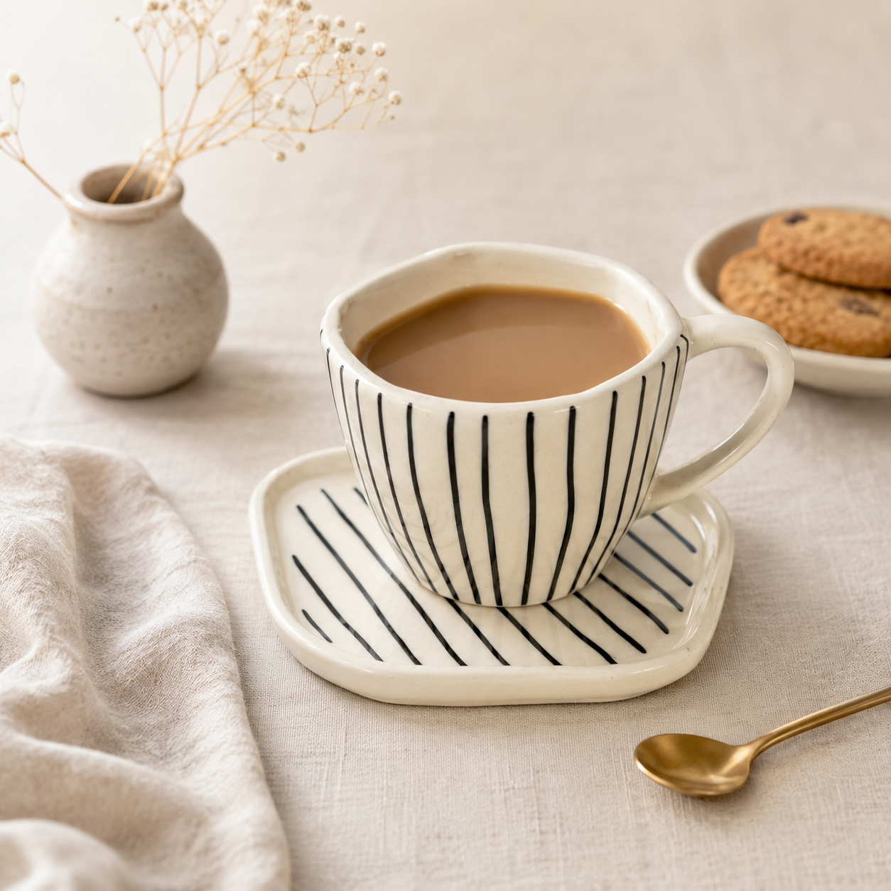 Black Striped Ceramic Cup & Saucer Set | Minimalist Tea & Coffee Cup with Geometric Saucer