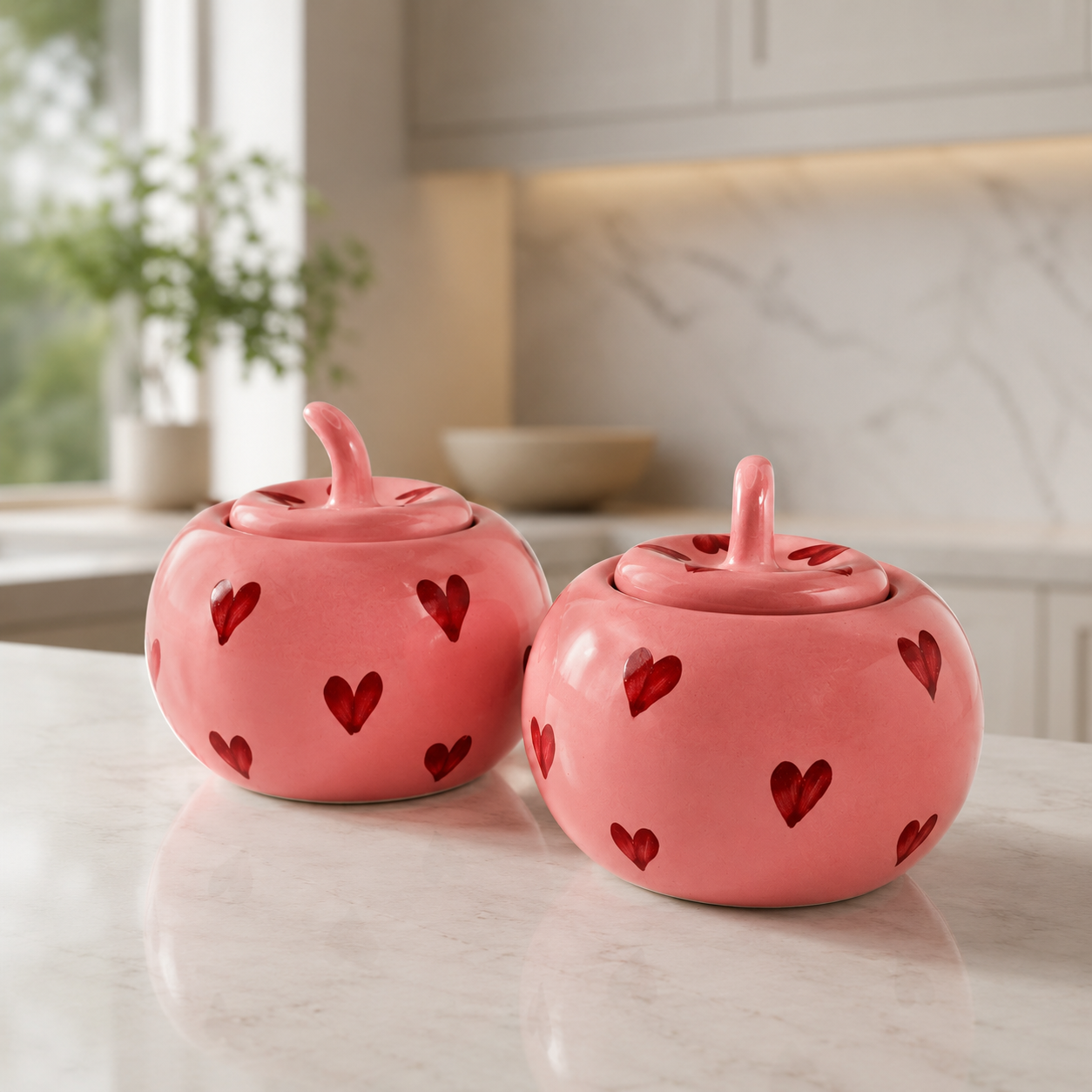 Handcrafted Ceramic Apple Jar Set of 2 – Pink Heart Design with Lid | Decorative Kitchen Storage Jar