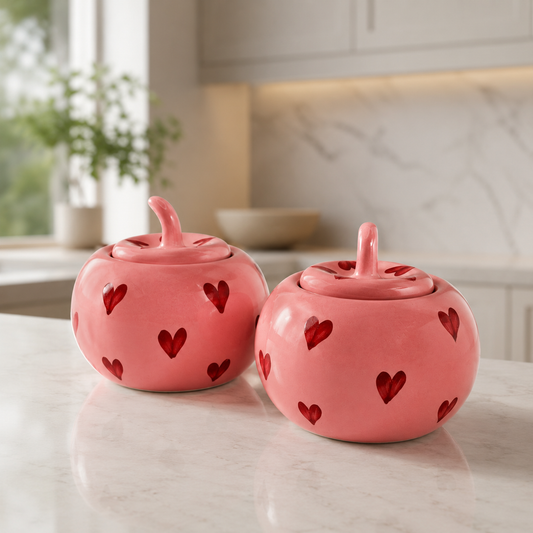 Handcrafted Ceramic Apple Jar Set of 2 – Pink Heart Design with Lid | Decorative Kitchen Storage Jar