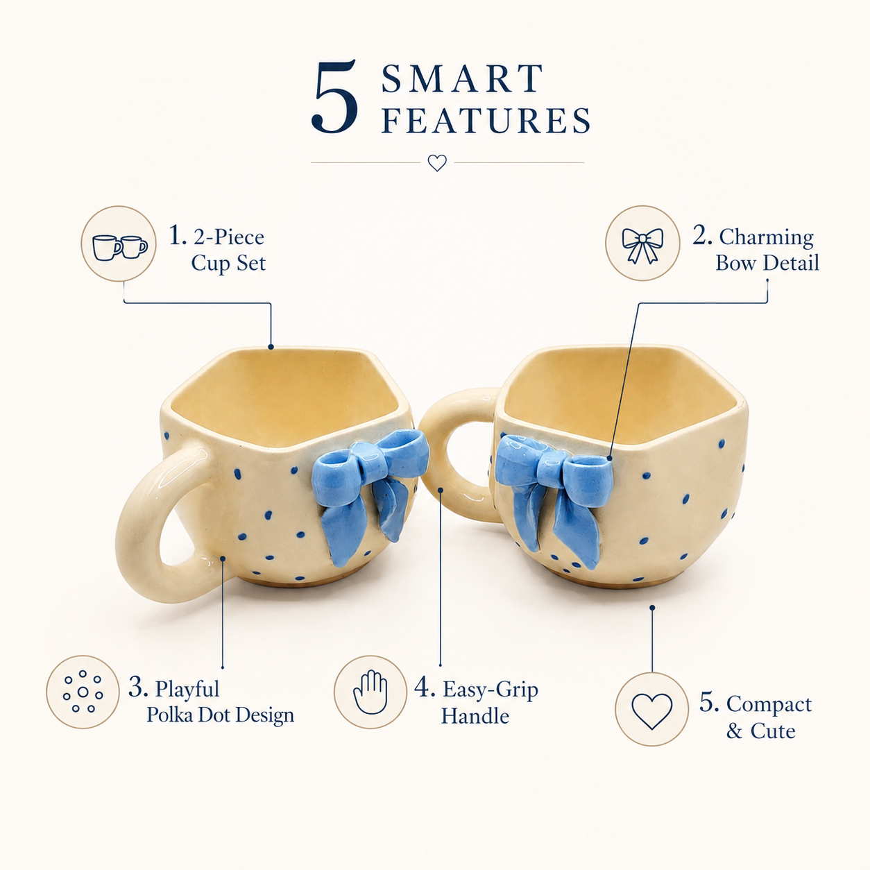 Blue Bow Ceramic Mug Set of 2 | Aesthetic Polka Dot Coffee & Tea Cups | Cute Designer Mugs