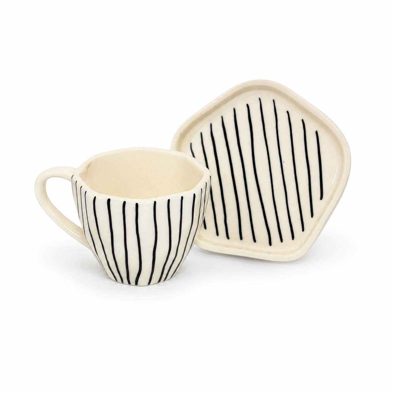 Black Striped Ceramic Cup & Saucer Set | Minimalist Tea & Coffee Cup with Geometric Saucer