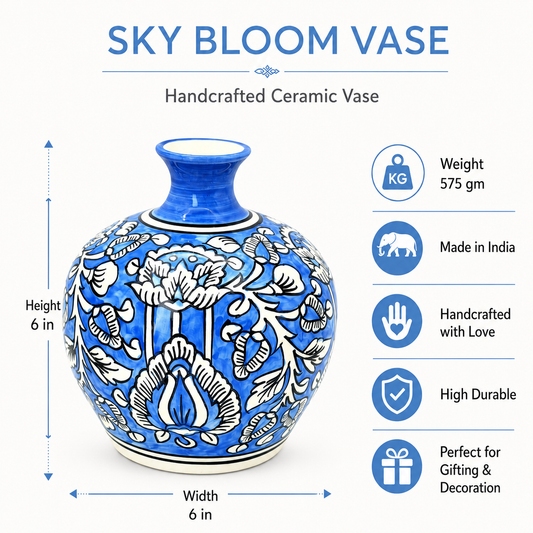 Sky Bloom Blue Ceramic Flower Vase for Home Decor