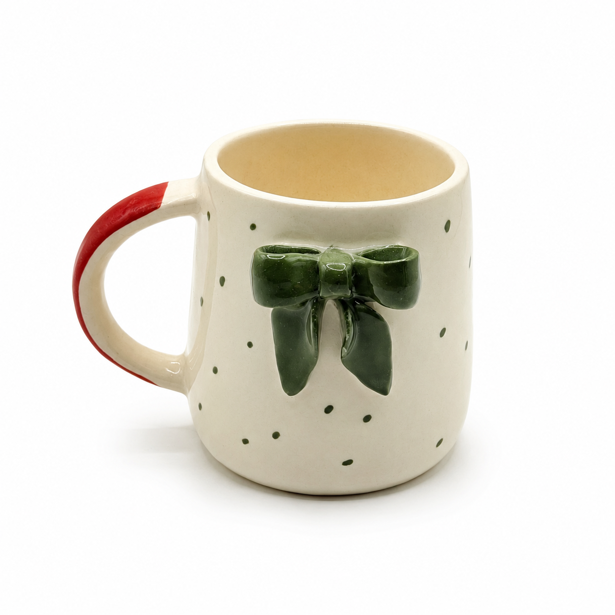 Handcrafted Ceramic Bow Mug – Ivory Beige & Olive Green with Red Handle, Cute Coffee Mug