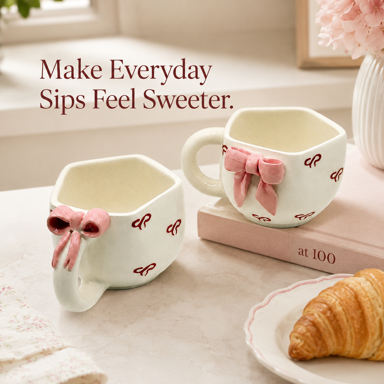 Pink Bow Ceramic Mug Set of 2 | Cute Aesthetic Coffee & Tea Cups | 3.5-Inch Designer Mugs