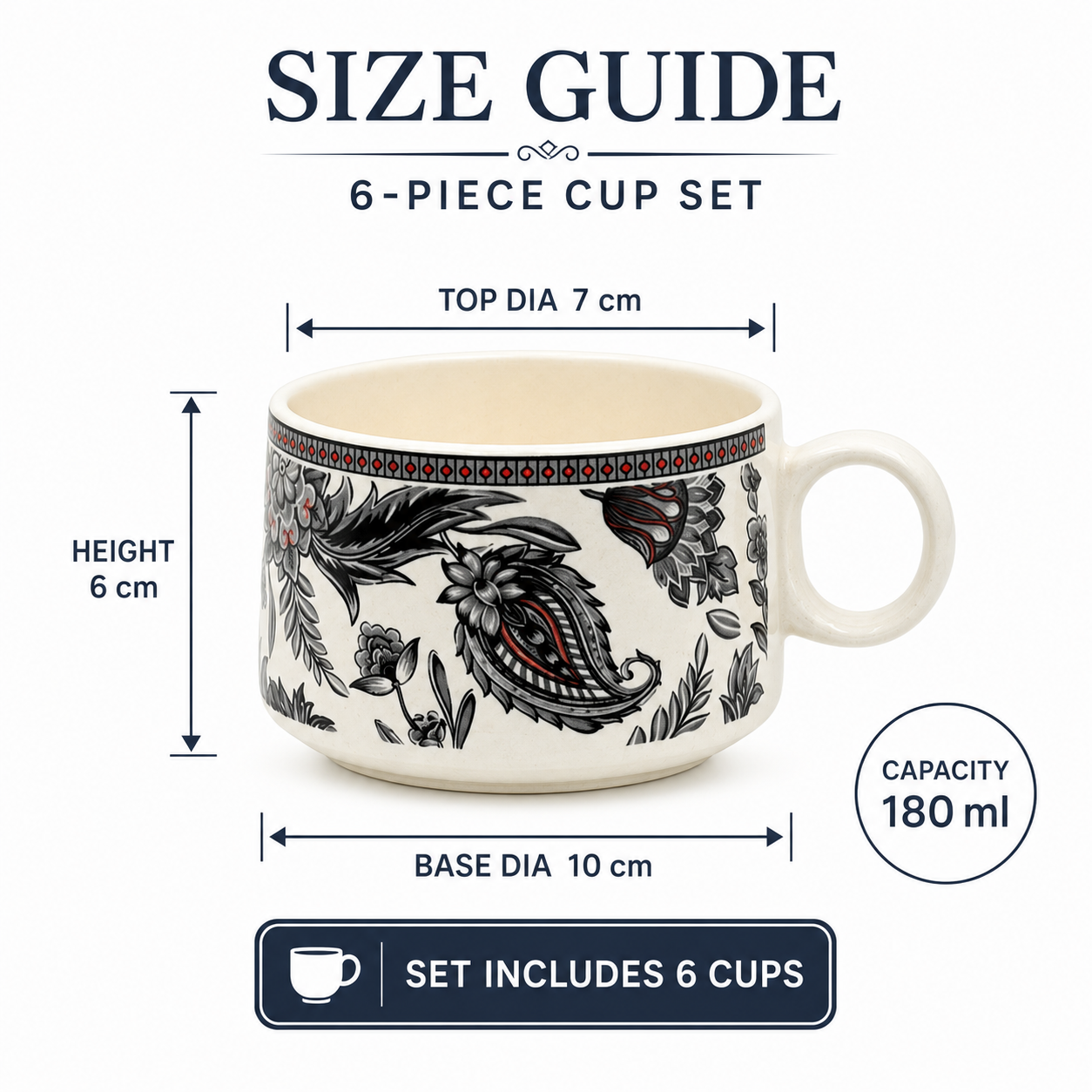 Black Paisley Floral Ceramic Cup Set of 6 | 180 ml Designer Tea & Coffee Cups | Decorative 6-Piece Cup Set