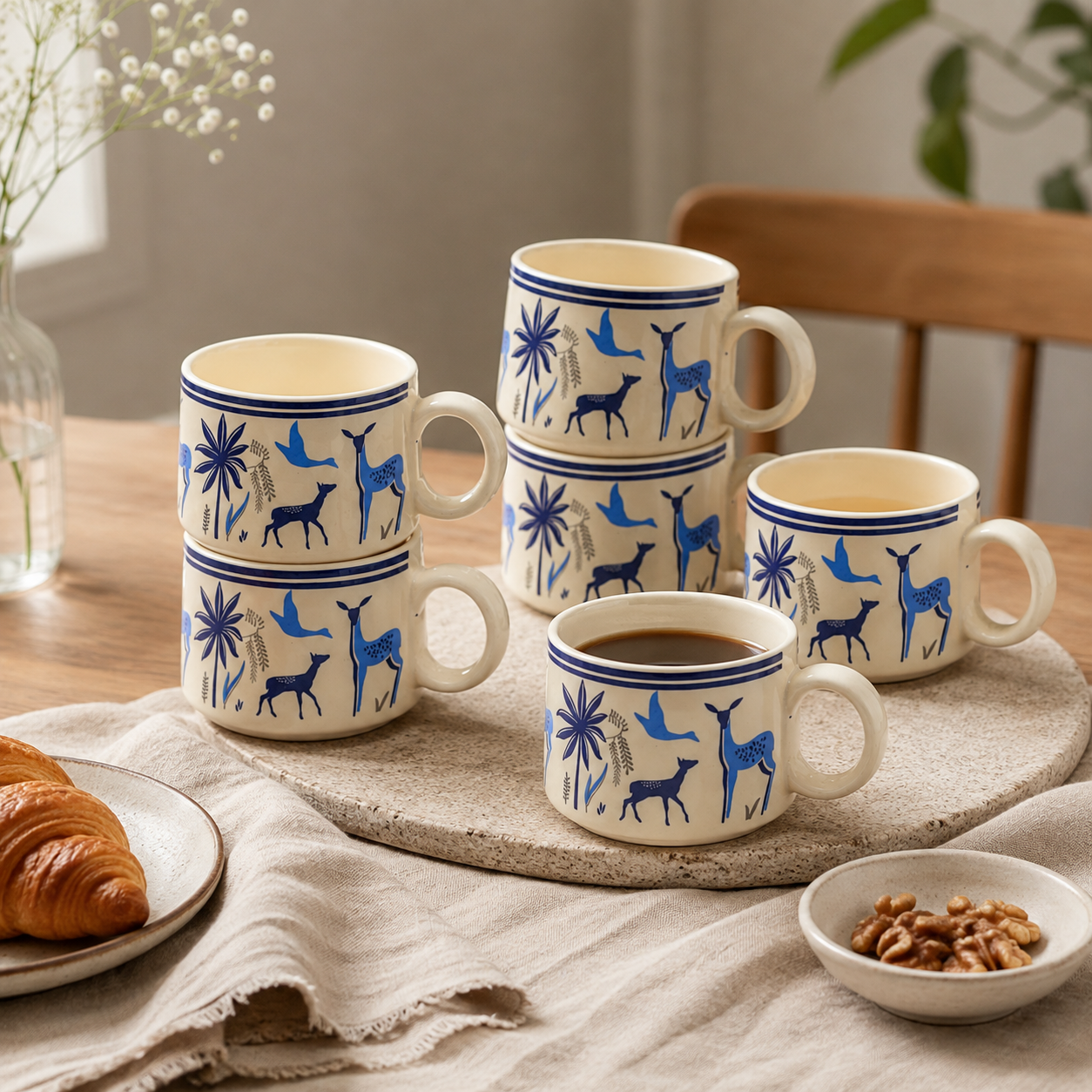 Blue Deer Ceramic Cup Set of 6 | 180 ml Designer Tea & Coffee Cups | Nature-Inspired 6-Piece Cup Set