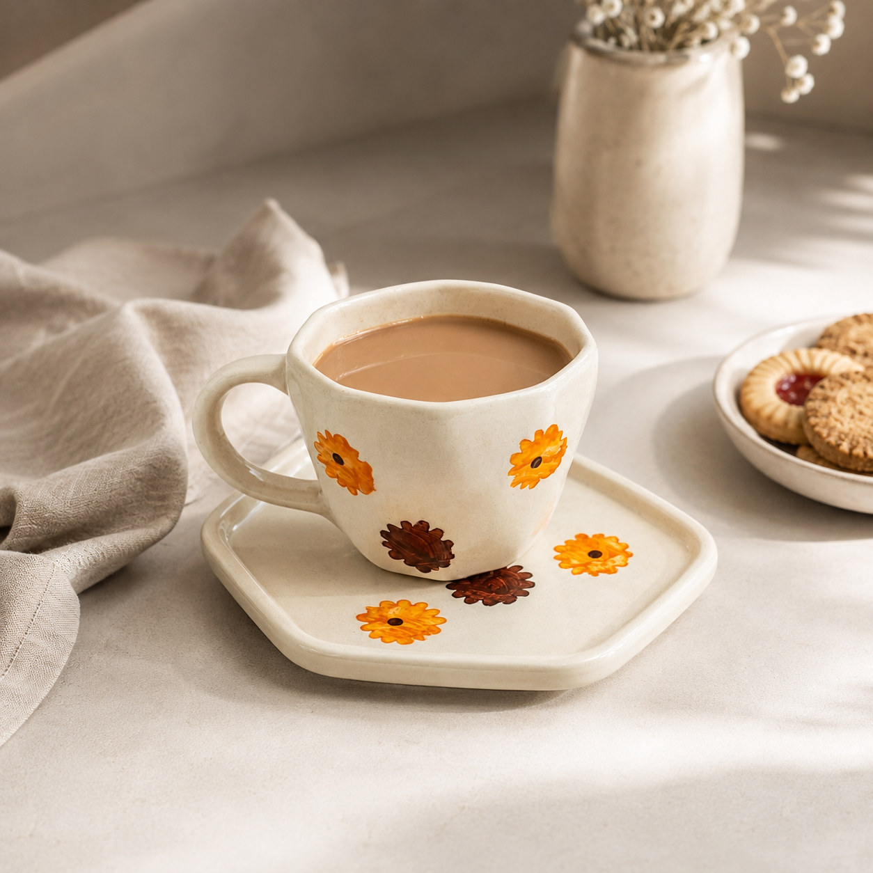 Orange Floral Ceramic Cup & Saucer Set | Aesthetic Flower Tea & Coffee Cup with Geometric Saucer
