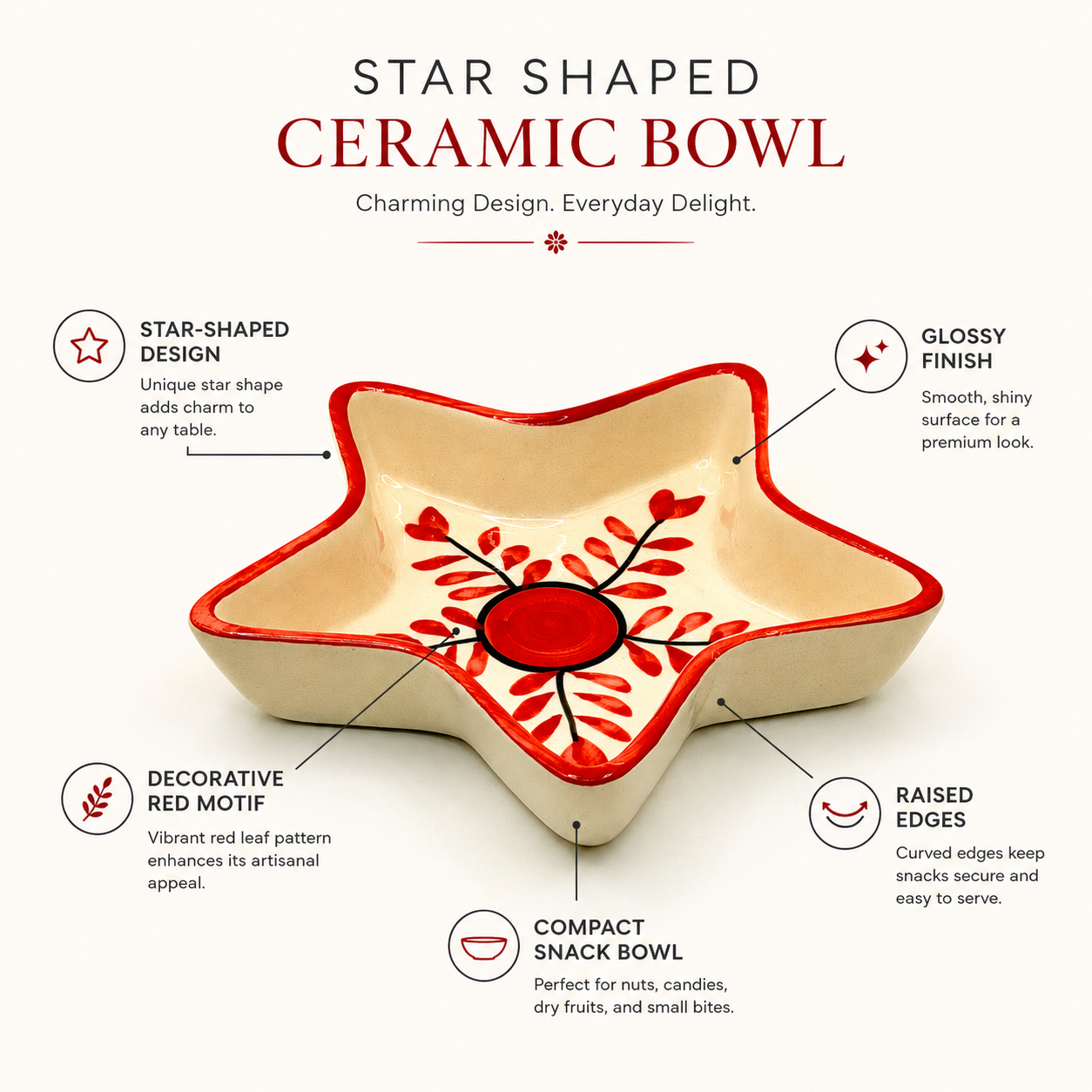 Red Botanical Star Shaped Ceramic Bowl | Decorative Snack & Serving Dish