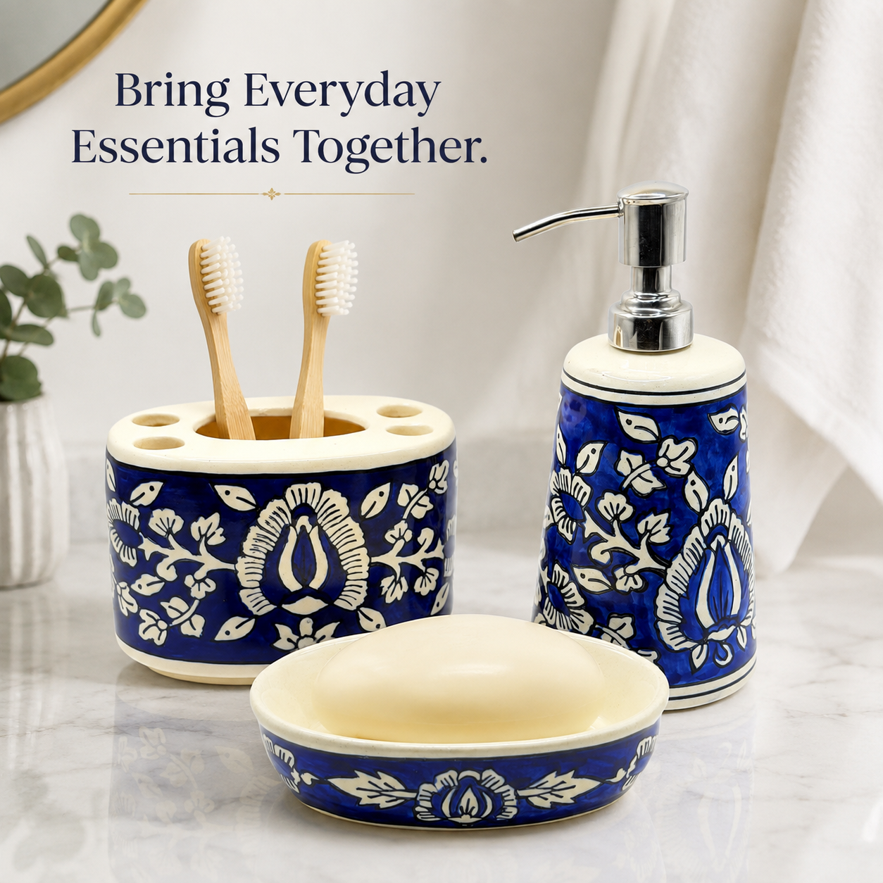 Blue Floral Ceramic Bathroom Accessory Set | 3 Piece Soap Dispenser, Brush Holder & Soap Case