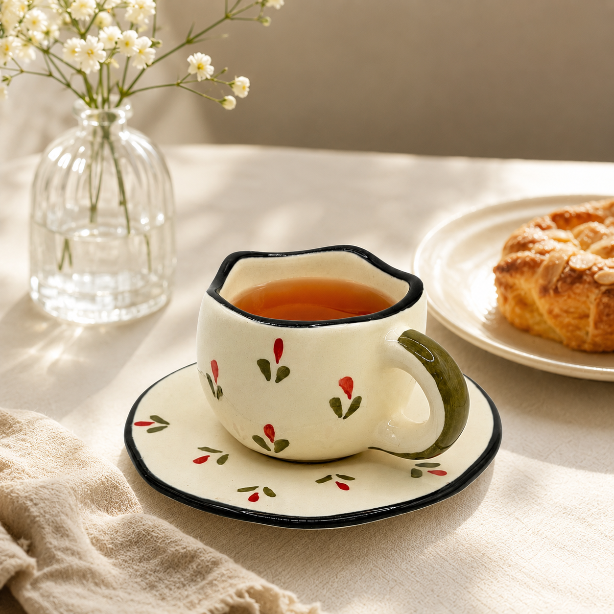 Artistic Black Rim Floral Ceramic Cup & Saucer Set | Premium Tea Coffee Set
