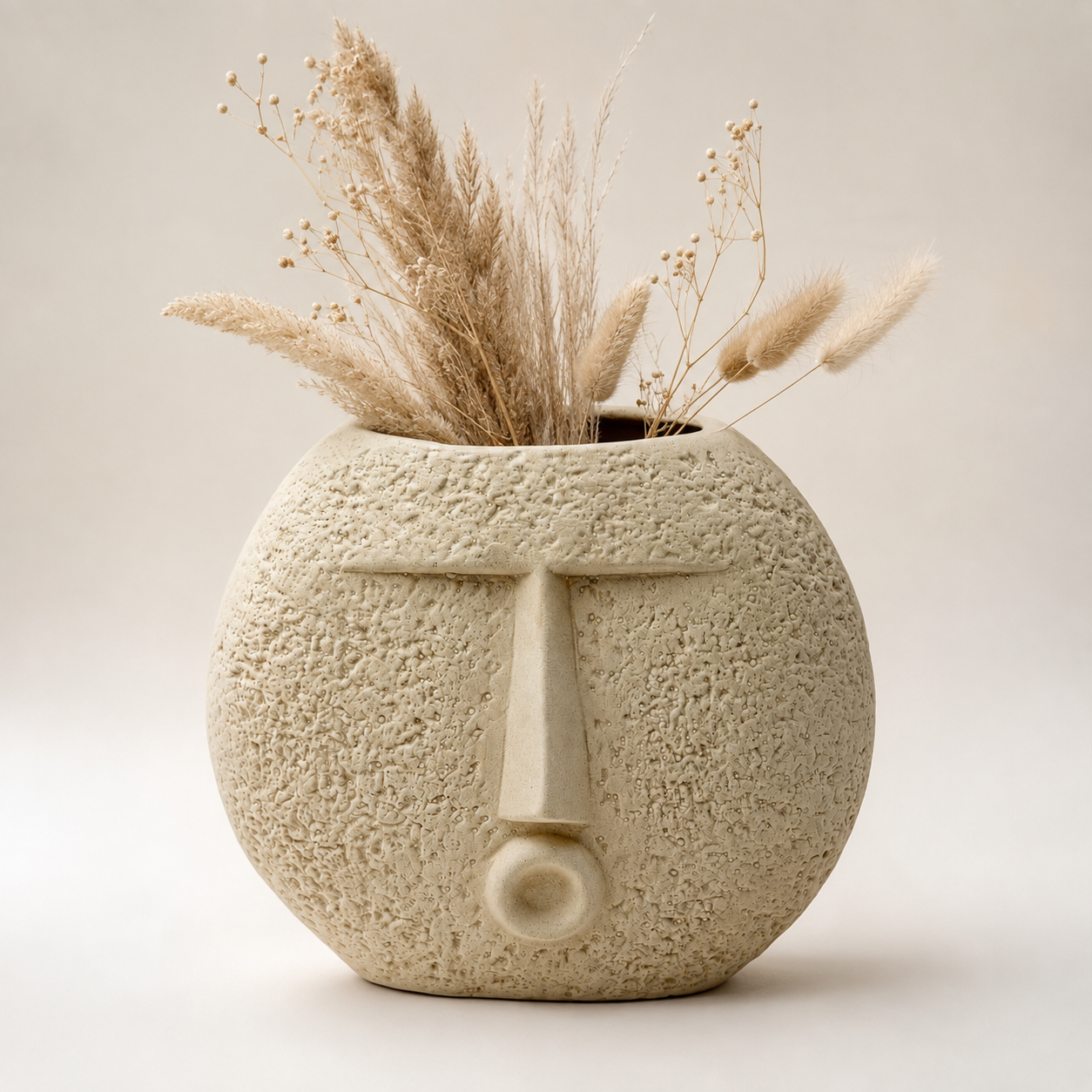 Abstract Face Ceramic Vase – Round Textured Beige Decorative Planter | 7 Inch