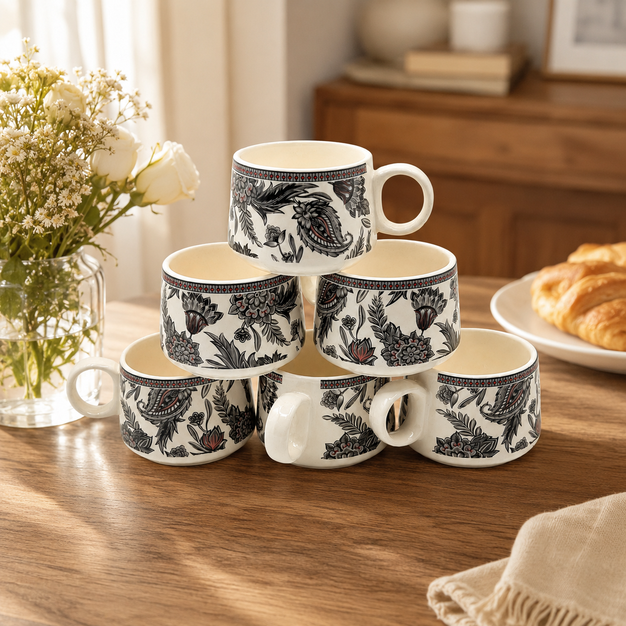 Black Paisley Floral Ceramic Cup Set of 6 | 180 ml Designer Tea & Coffee Cups | Decorative 6-Piece Cup Set