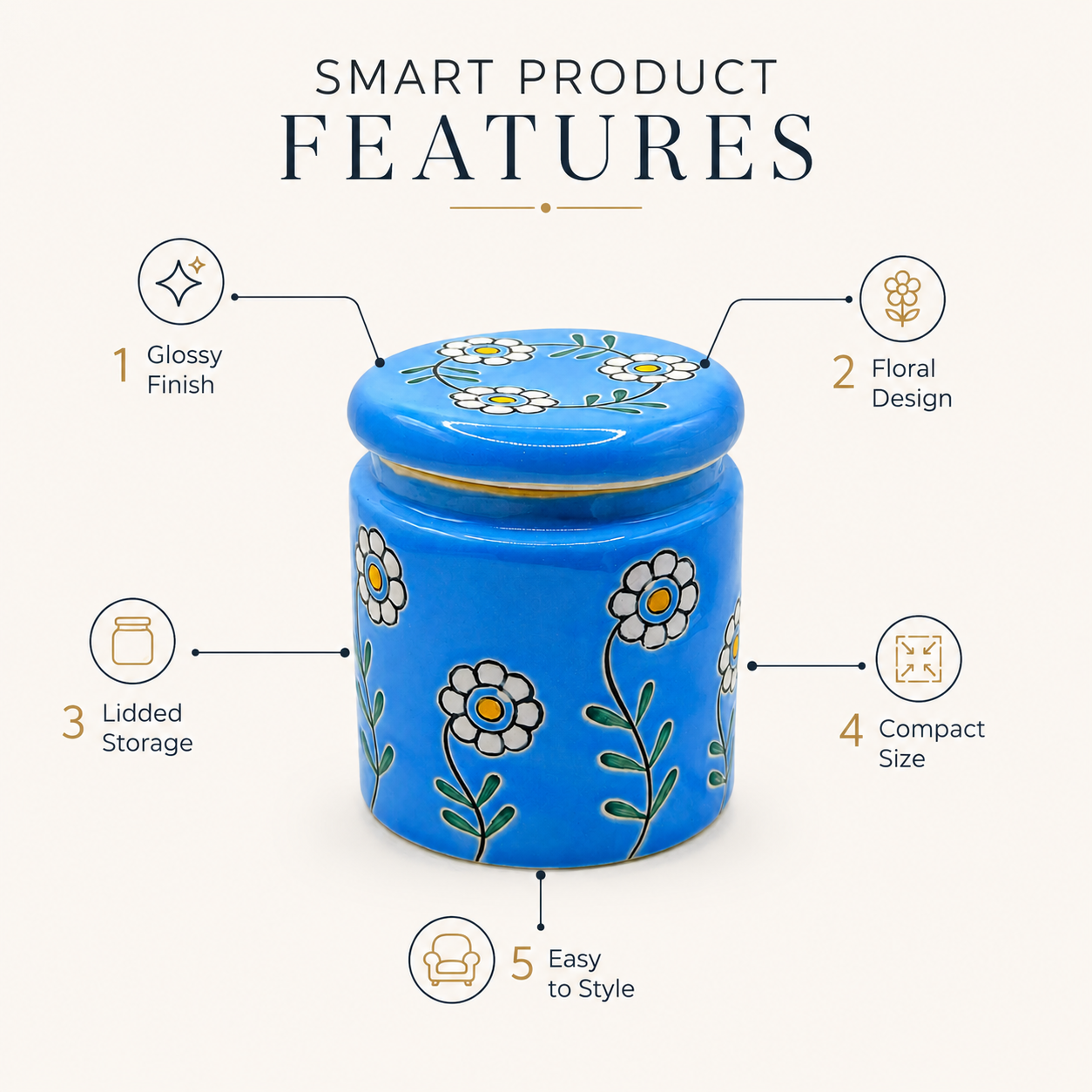 Blue Floral Ceramic Storage Jar with Lid | Decorative Kitchen & Pantry Container