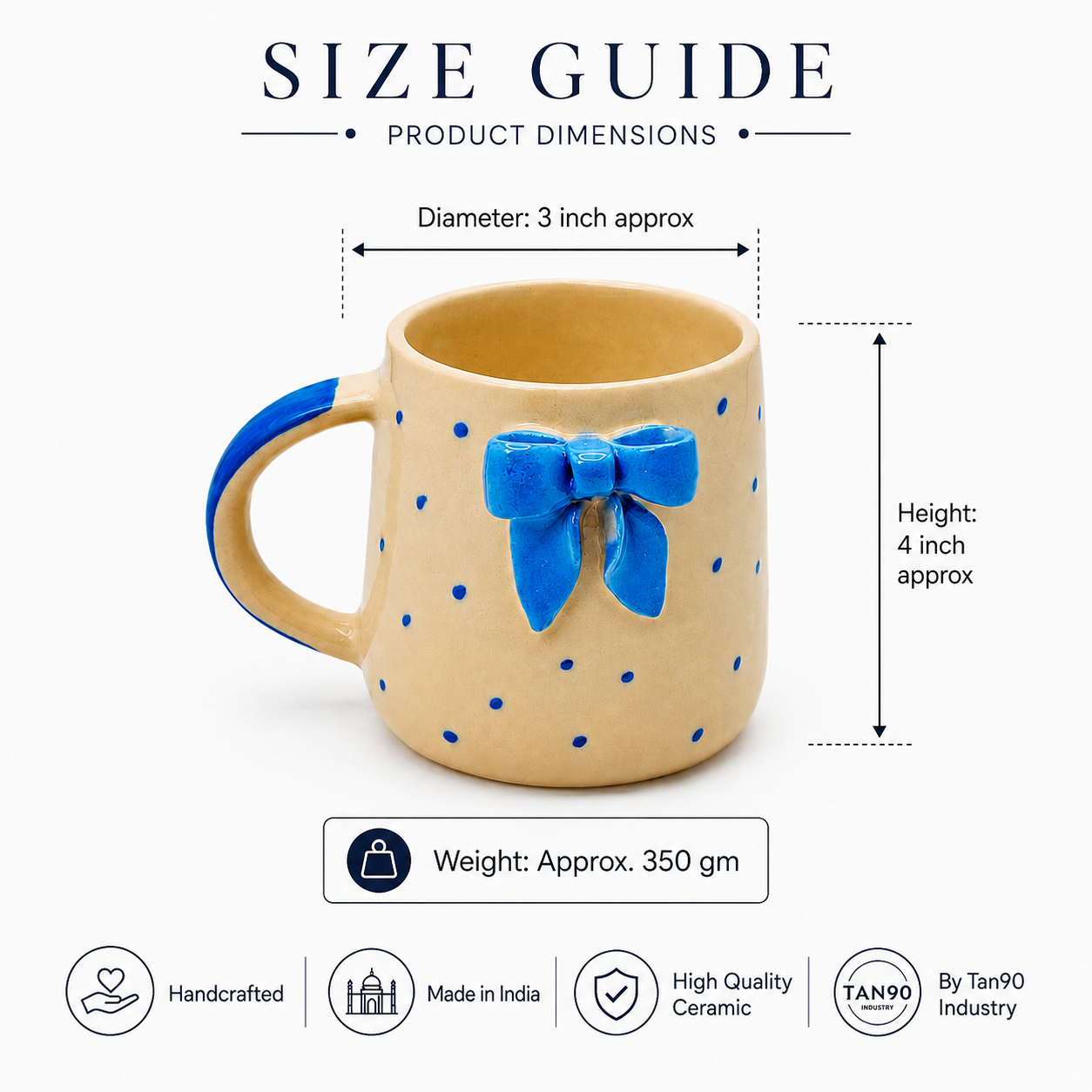 Handcrafted Ceramic Bow Mug – Beige & Royal Blue Polka Dot Coffee Mug