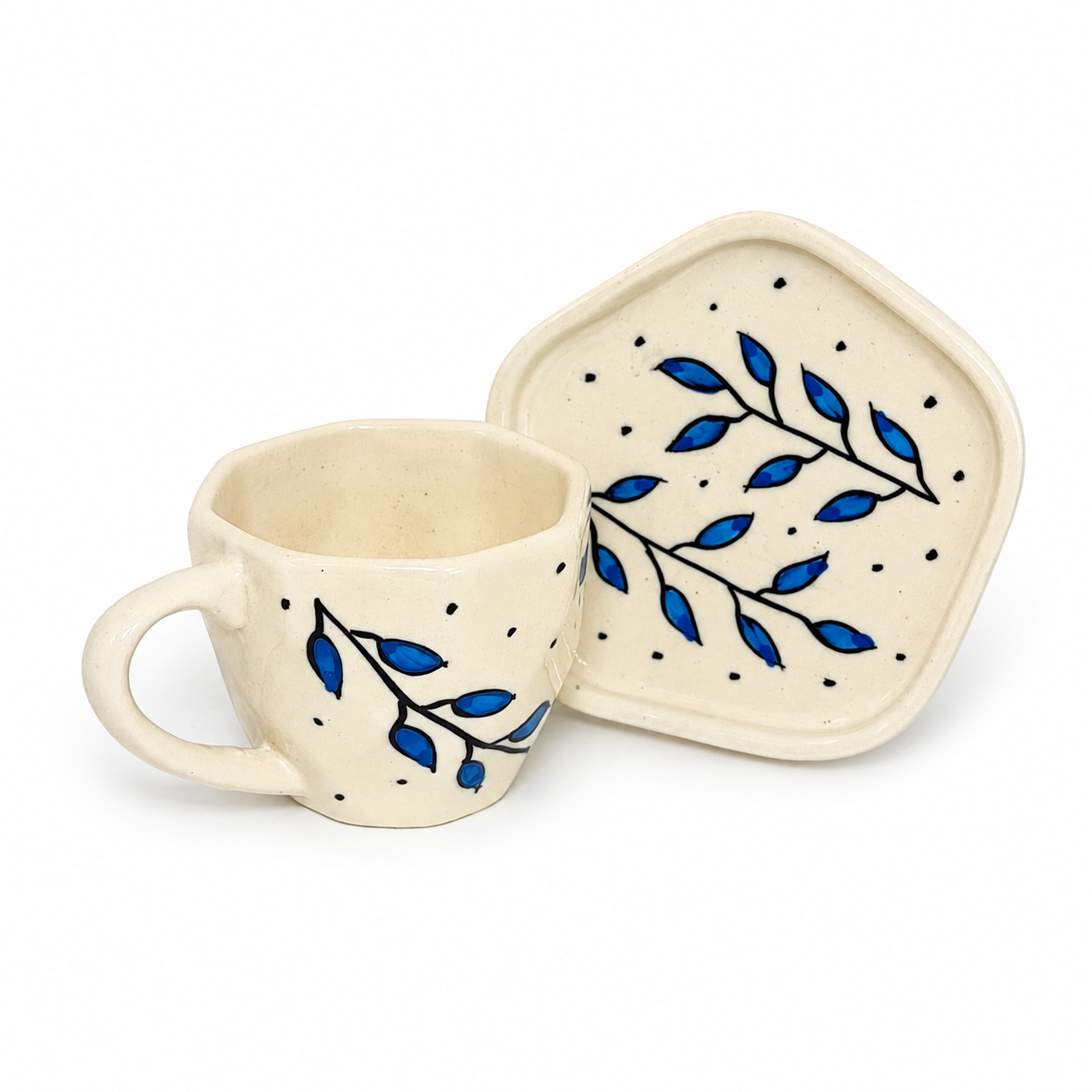 Blue Leaf Ceramic Cup & Saucer Set | Botanical Tea & Coffee Cup with Designer Geometric Saucer