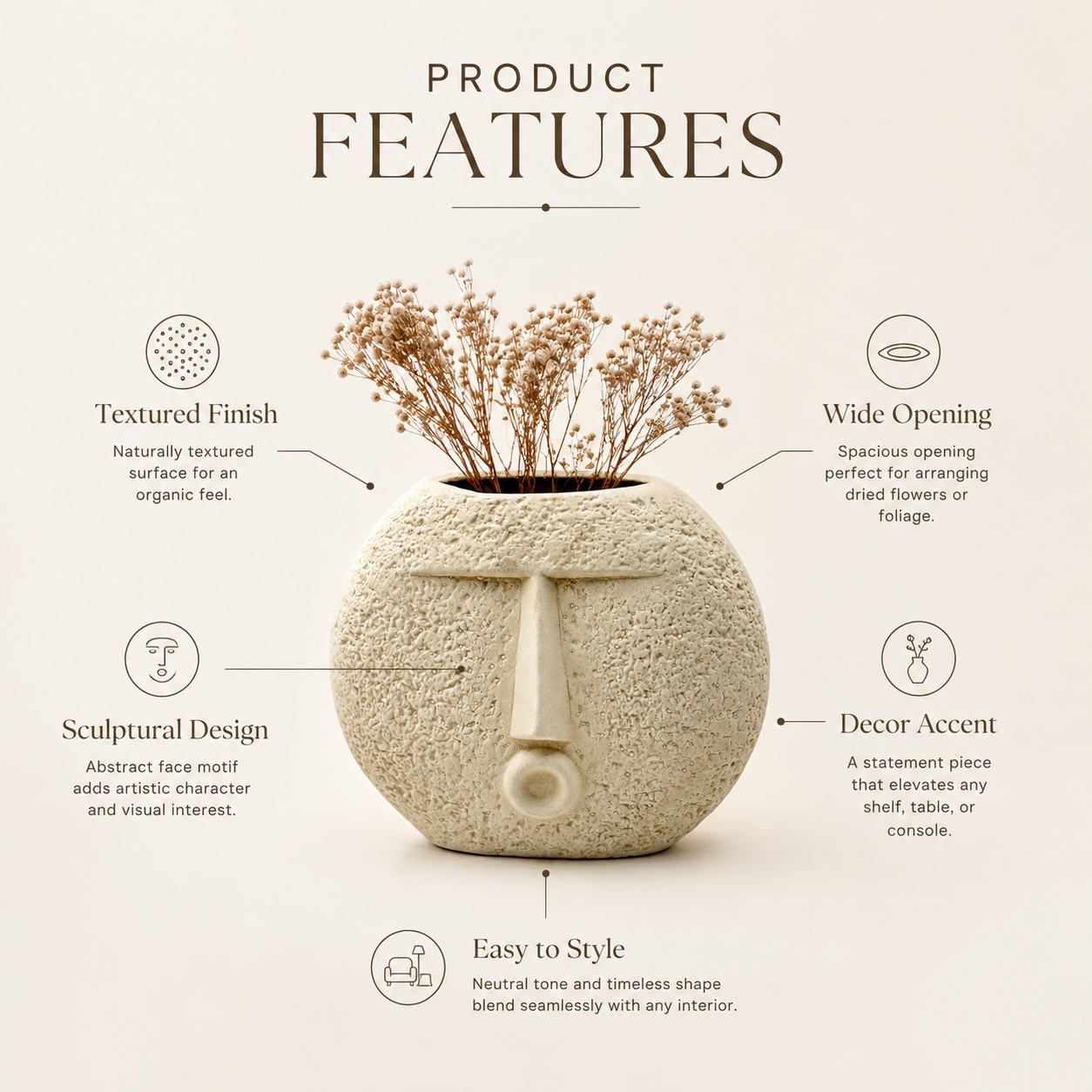 Abstract Face Ceramic Vase – Round Textured Beige Decorative Planter | 7 Inch