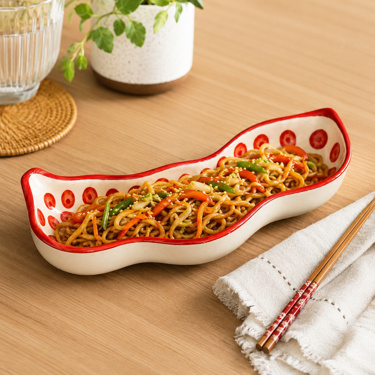 Red Polka Dot Ceramic Serving Platter | Wavy Snack, Appetizer & Dry Fruit Dish