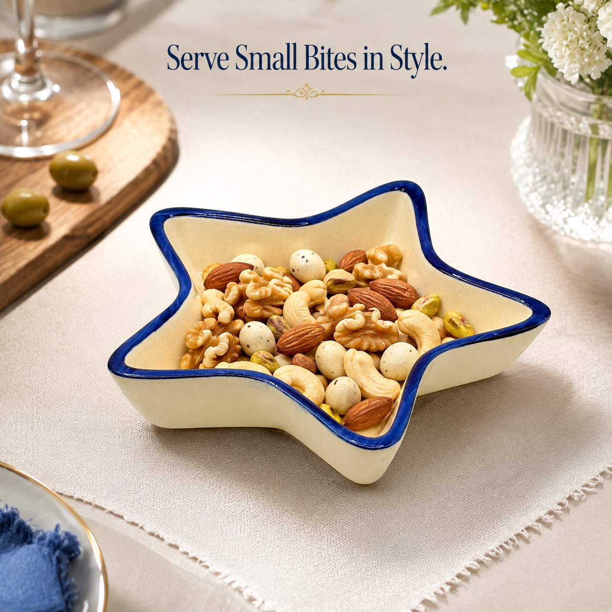 Blue Floral Star Shaped Ceramic Bowl | Artistic Snack & Dry Fruit Serving Bowl
