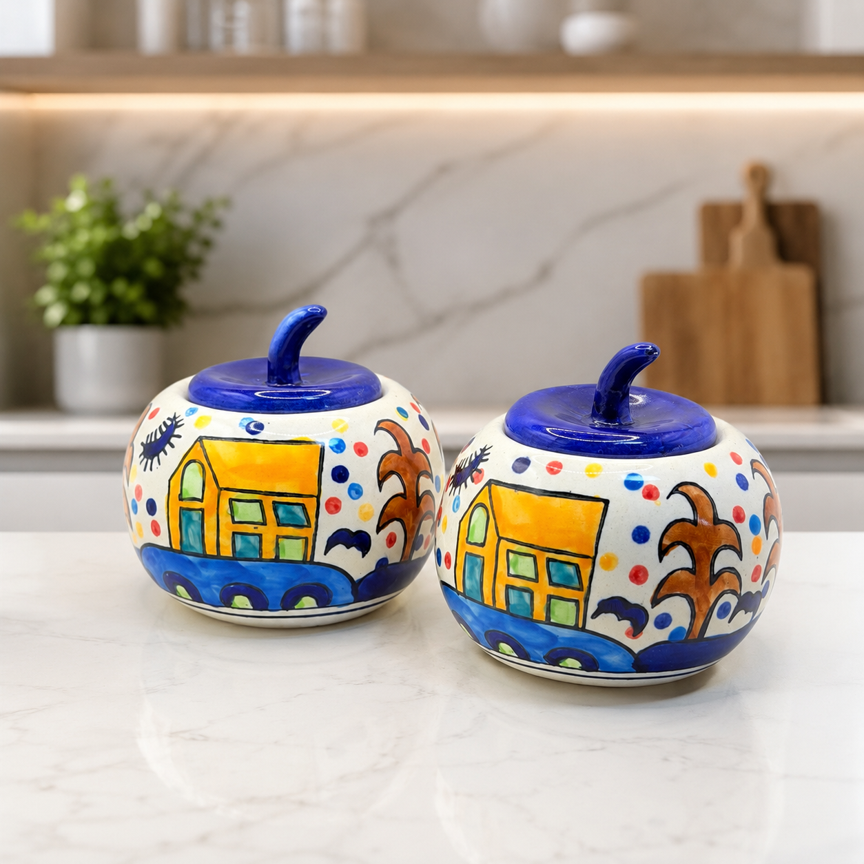 Handcrafted Ceramic Apple Jar Set of 2 – Multicolor Hand-Painted Design with Lid | Decorative Kitchen Storage