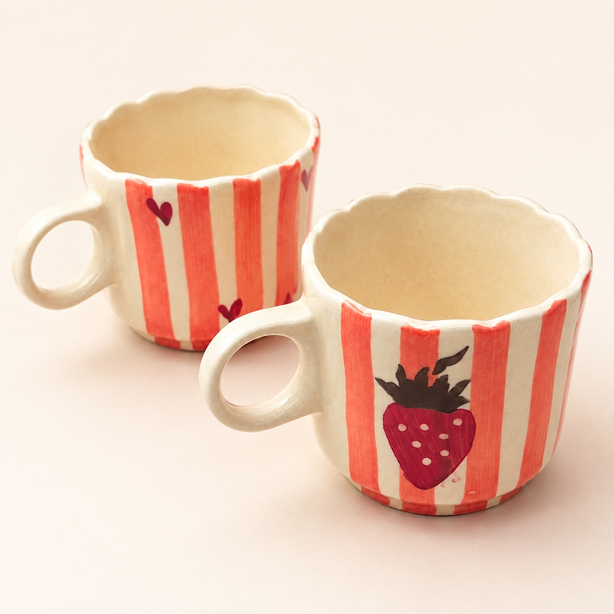 Strawberry Striped Ceramic Mug Set of 2 | Cute Hand-Painted Coffee & Tea Cups | Aesthetic Designer Mugs