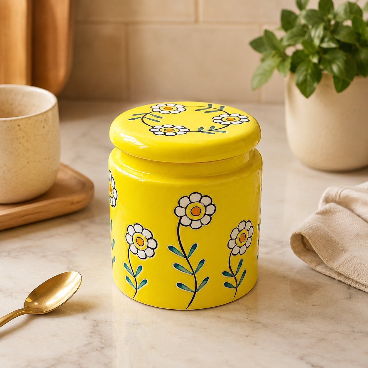 Yellow Floral Ceramic Storage Jar with Lid | Decorative Kitchen Container