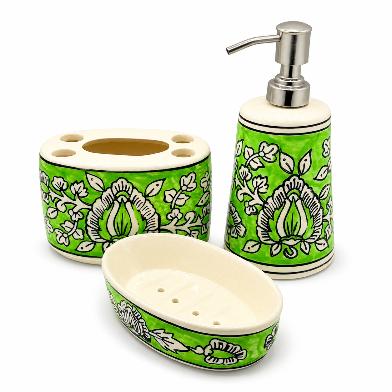 Green Floral Ceramic Bathroom Accessory Set | Soap Dispenser, Brush Holder & Soap Case