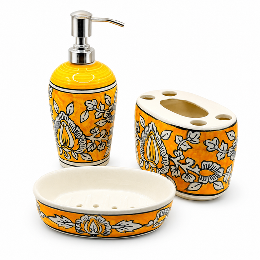 Yellow Ceramic Bathroom Set with Soap Dispenser | 3 Piece Floral Bath Accessory Set