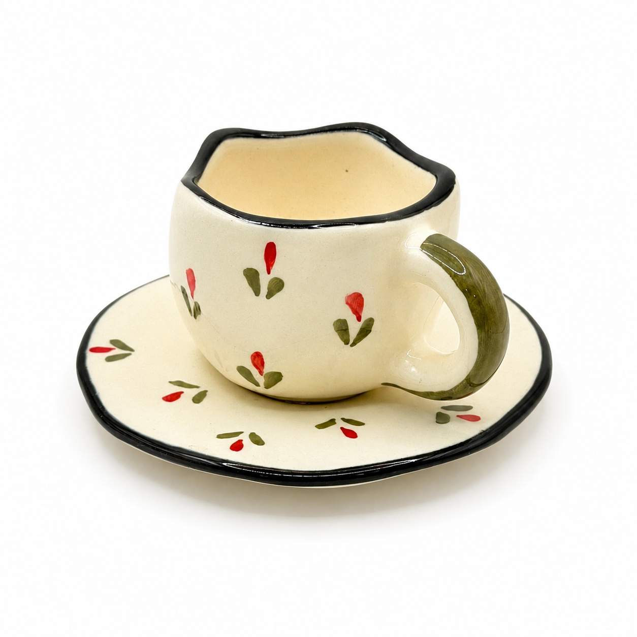 Artistic Black Rim Floral Ceramic Cup & Saucer Set | Premium Tea Coffee Set