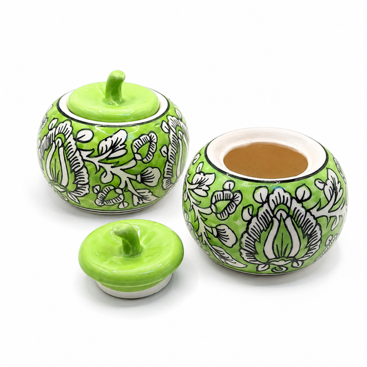 Handcrafted Ceramic Apple Jar Set of 2 – Green Floral Design with Lid | Decorative Kitchen Storage Jar