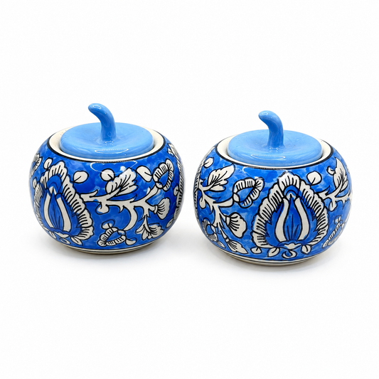 Handcrafted Ceramic Apple Jar Set of 2 – Royal Blue Floral Design with Lid | Decorative Storage Jar