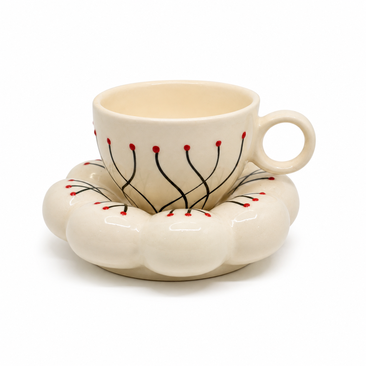 Hand-Painted Floral Ceramic Cup & Saucer Set | Aesthetic Tea & Coffee Cup with Flower-Shaped Saucer