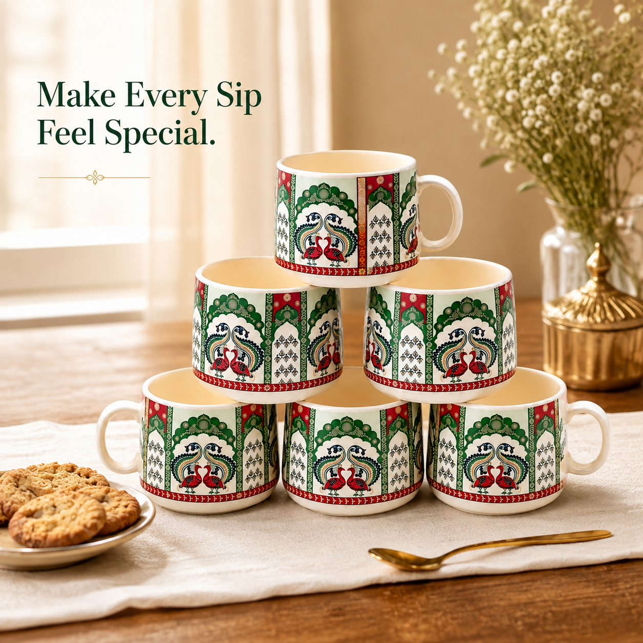 Traditional Peacock Design Ceramic Cup Set of 6 | Designer Tea & Coffee Cups | Ethnic Printed 6-Piece Cup Set