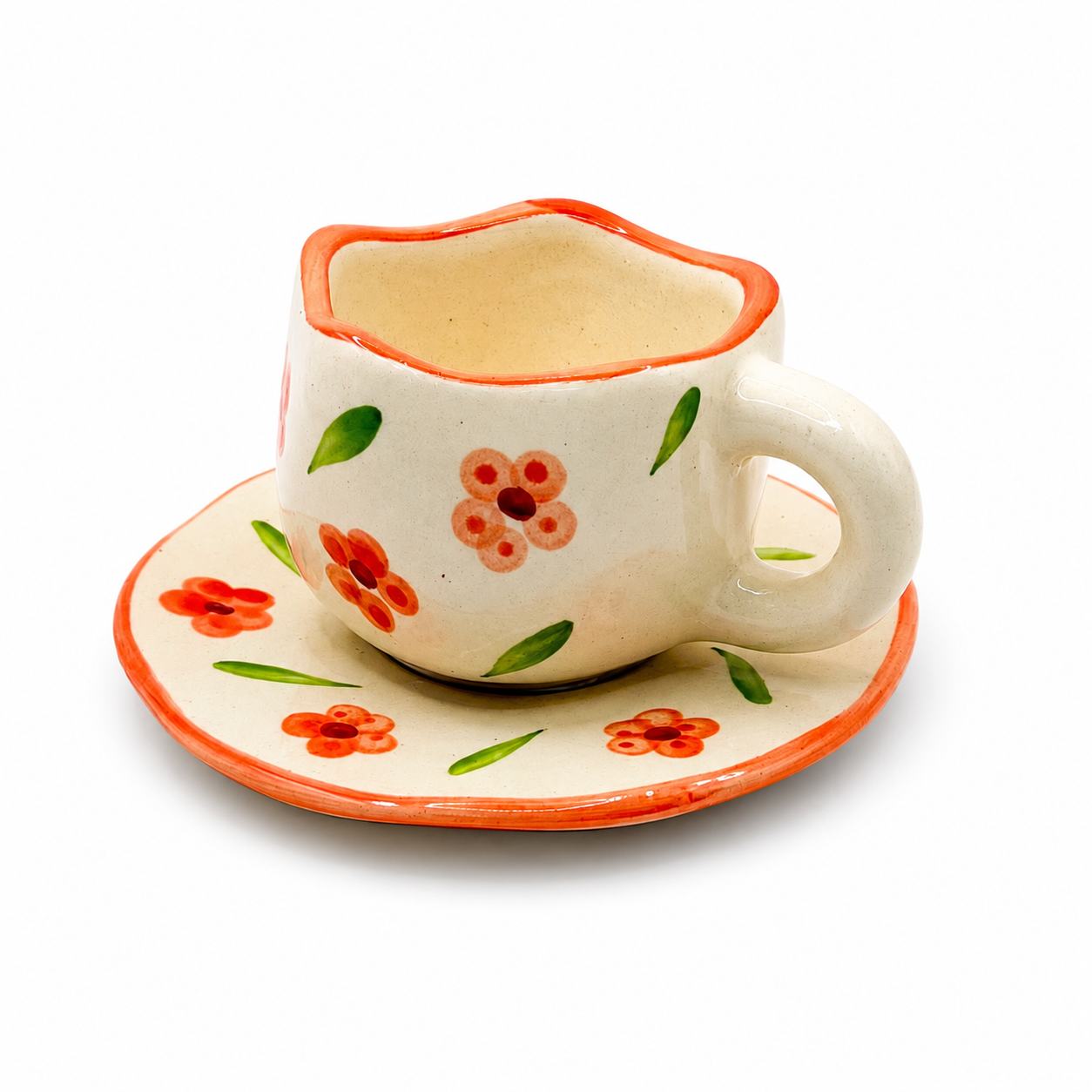 Hand-Painted Orange Floral Ceramic Cup & Saucer Set | Artistic Tea & Coffee Cup