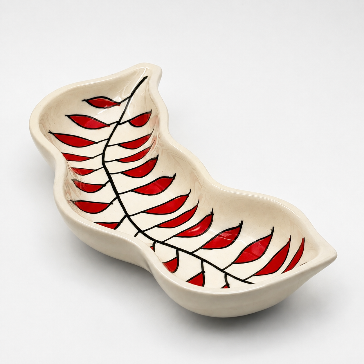 Red Leaf Tamarind Shaped Ceramic Serving Platter | Hand-Painted Snack & Appetizer Dish