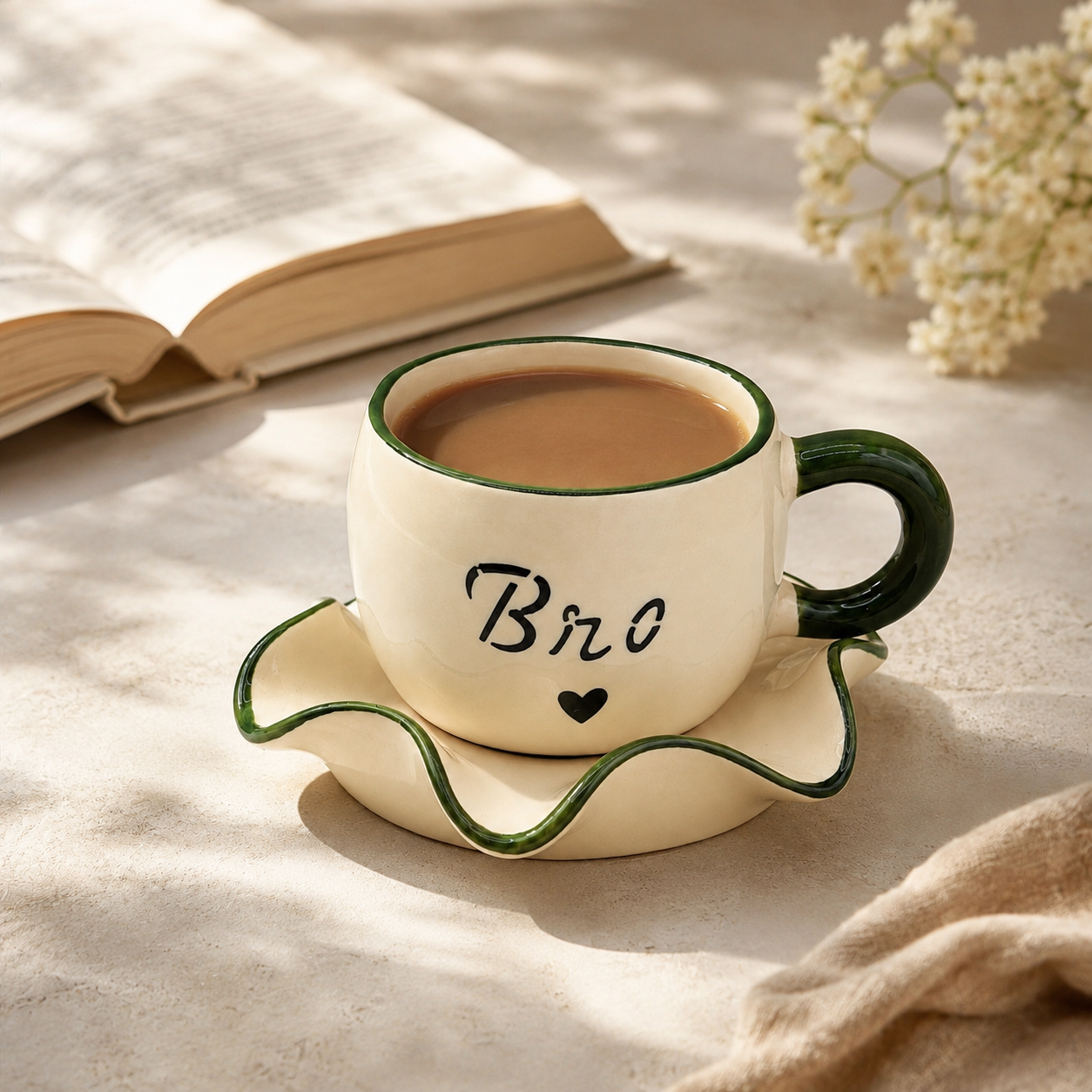 Bro Ceramic Cup & Saucer Set with Green Rim | Unique Coffee & Tea Gift for Him