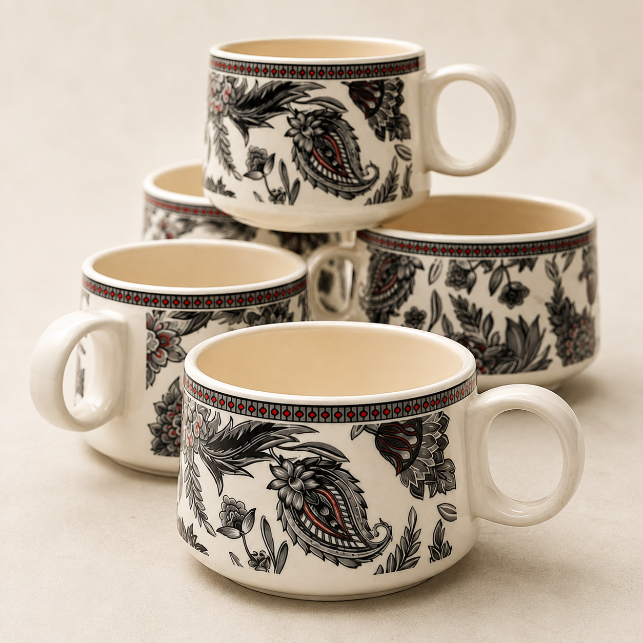 Black Paisley Floral Ceramic Cup Set of 6 | 180 ml Designer Tea & Coffee Cups | Decorative 6-Piece Cup Set