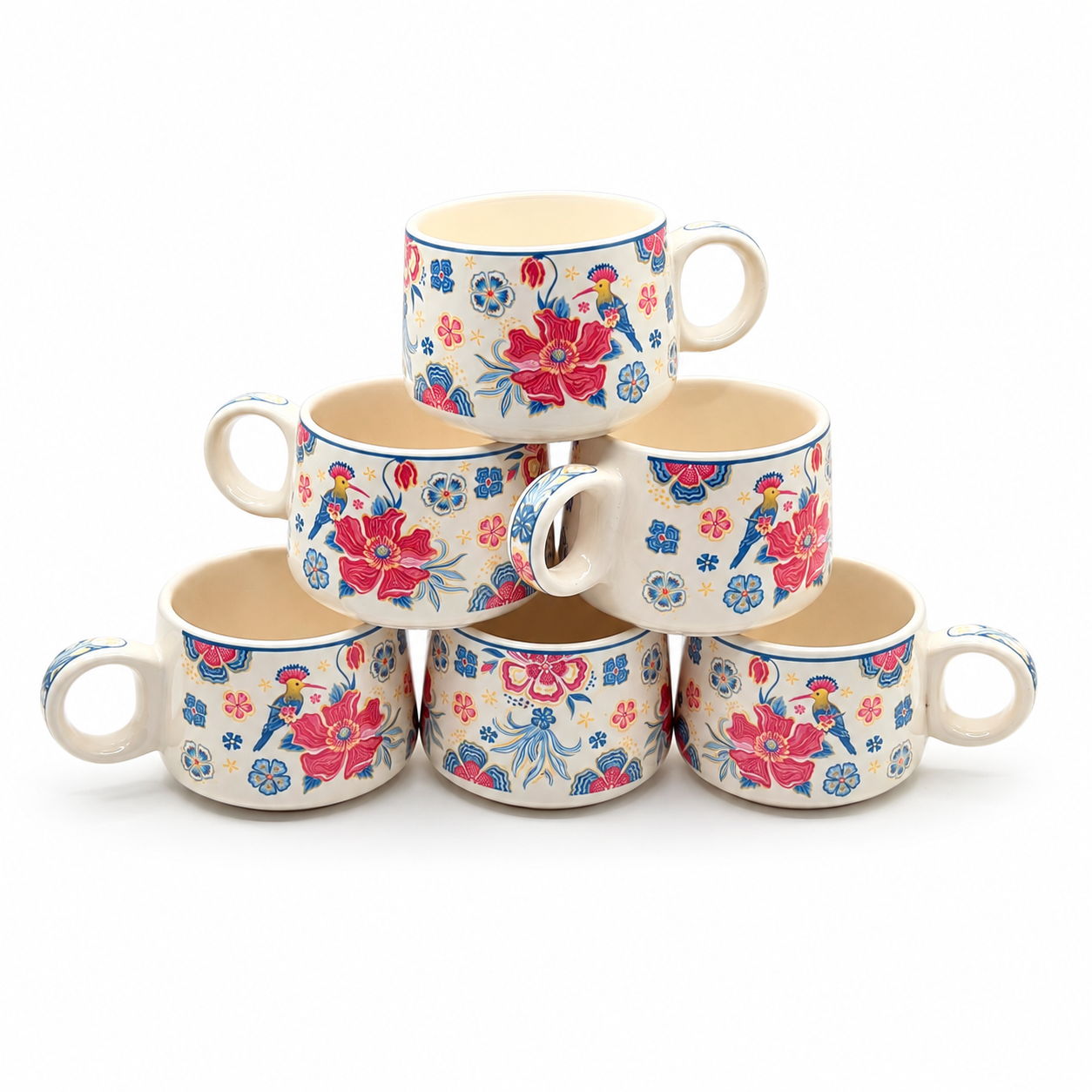 Floral Bird Ceramic Cup Set of 6 | 180 ml Hand-Painted Tea & Coffee Cups | Decorative 6-Piece Cup Set