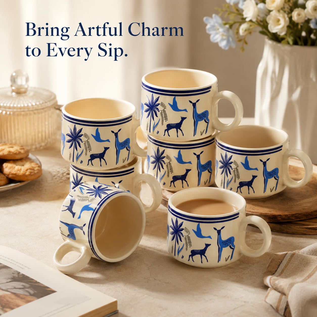 Blue Deer Ceramic Cup Set of 6 | 180 ml Designer Tea & Coffee Cups | Nature-Inspired 6-Piece Cup Set