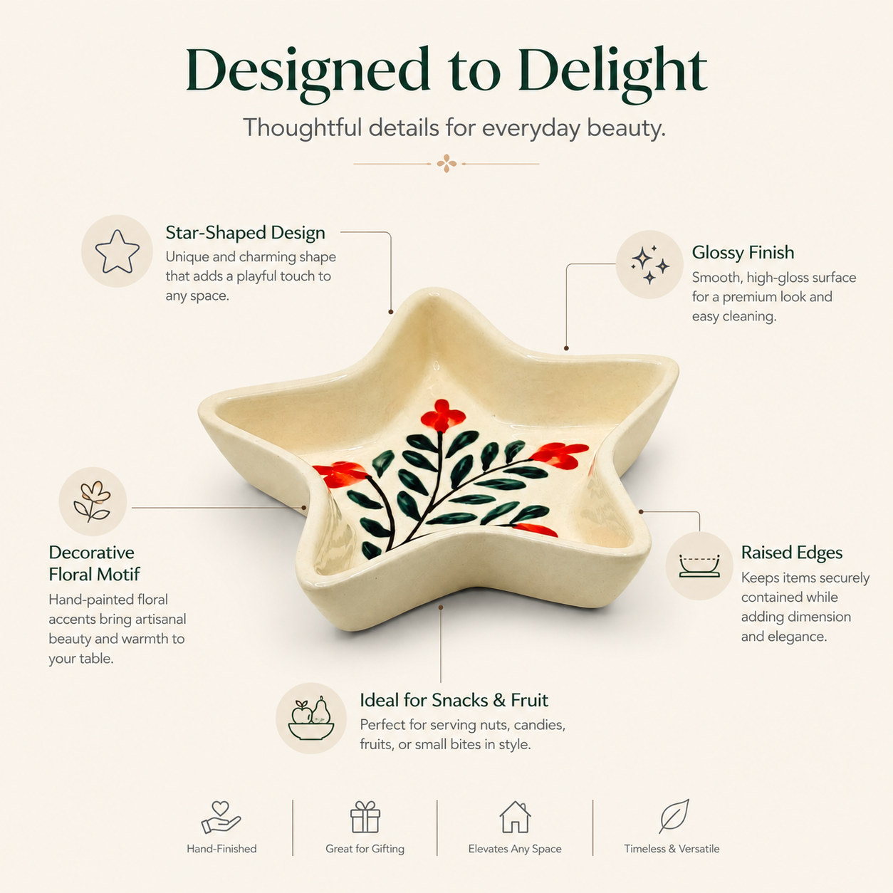 Floral Star Shaped Ceramic Bowl | Red Flower Decorative Snack & Serving Bowl