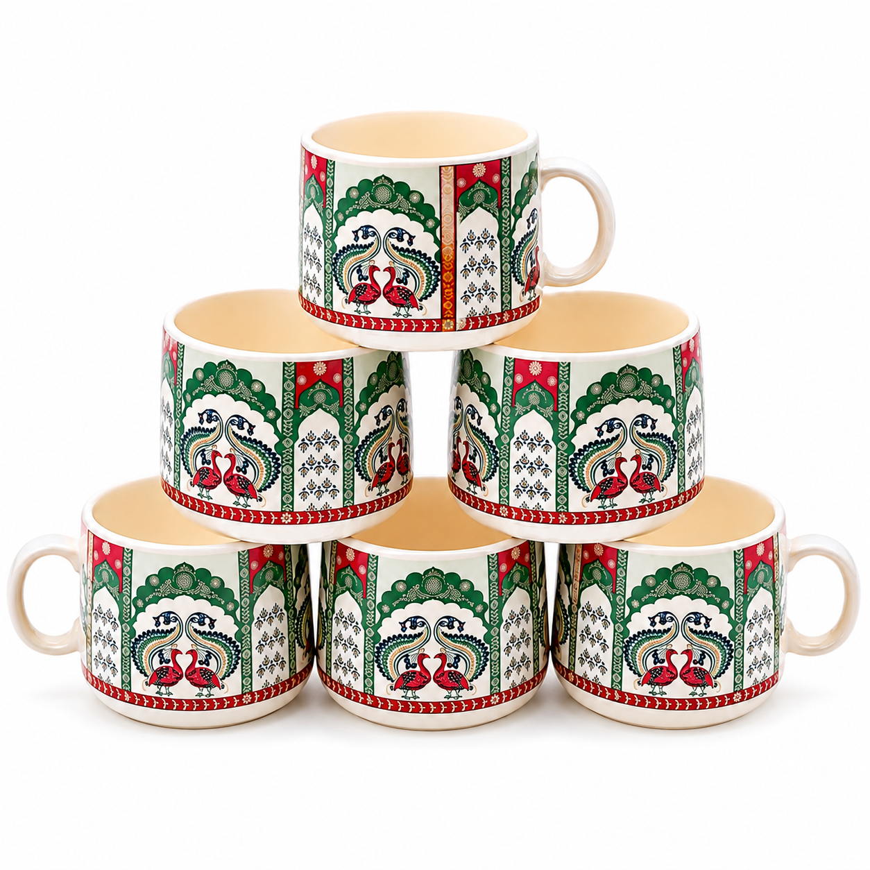 Traditional Peacock Design Ceramic Cup Set of 6 | Designer Tea & Coffee Cups | Ethnic Printed 6-Piece Cup Set
