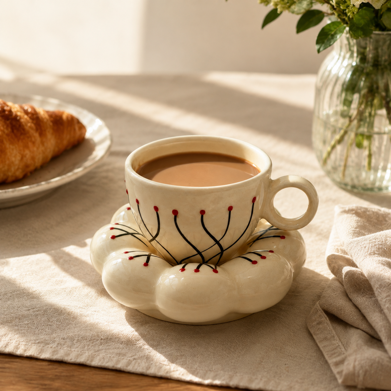 Hand-Painted Floral Ceramic Cup & Saucer Set | Aesthetic Tea & Coffee Cup with Flower-Shaped Saucer