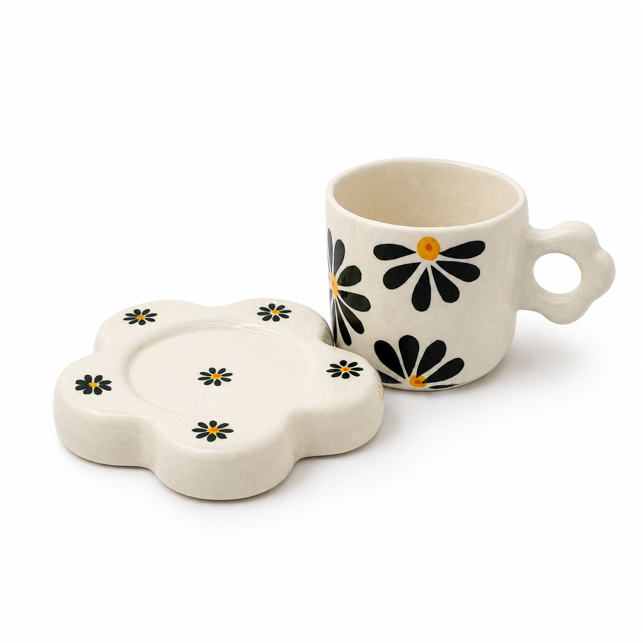 Black Floral Ceramic Cup & Saucer Set | Aesthetic Flower-Shaped Tea & Coffee Cup Set